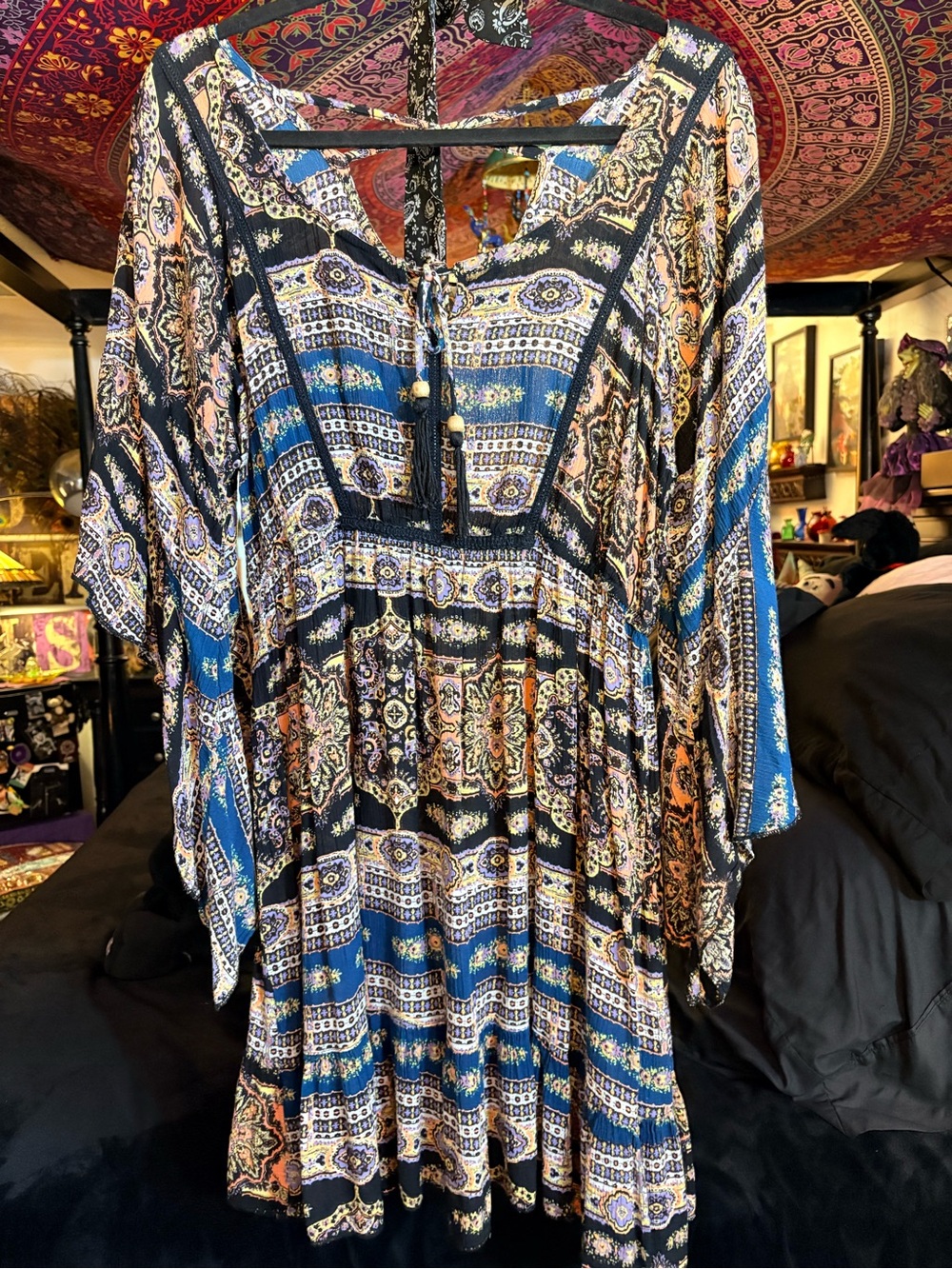 Rebellion Blue and Black Paisley Tie-Front Boho Mini Dress